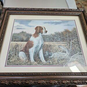 framed print of a Brittany spaniel signed by Andrew Chapman 10x12